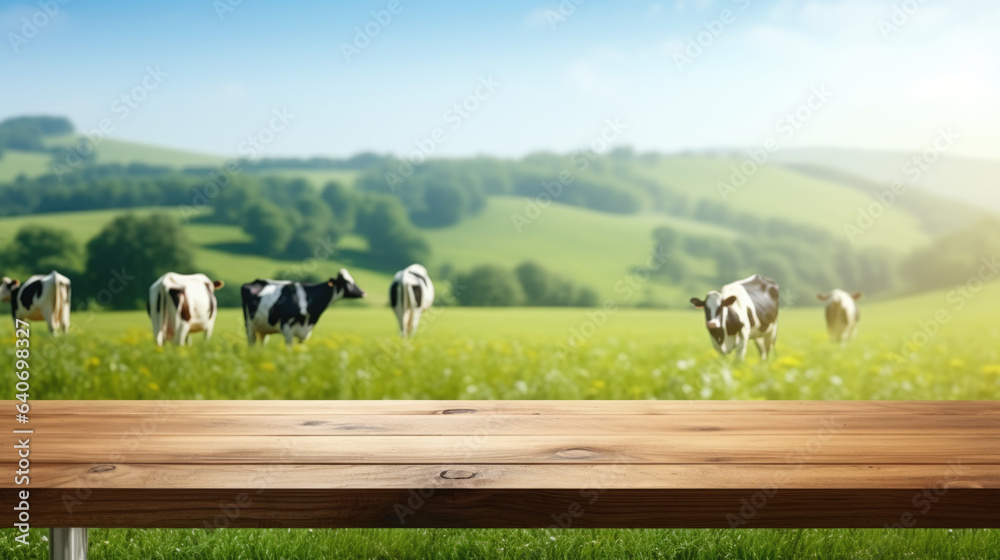 Empty wooden table top with grass field and cows in background. Empty wooden table top with grass field and cows in background.