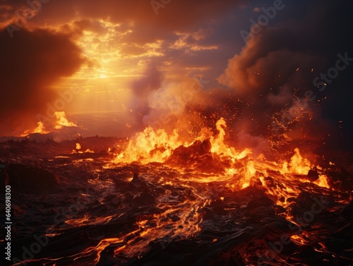 Fantasy landscape with fire and lava. 3d render illustration. 