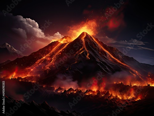 Fantasy landscape with fire and lava. 3d render illustration. 