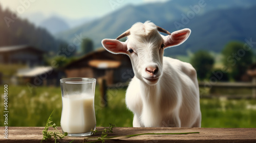 Empty wooden table top with glass of milk and goat in background.