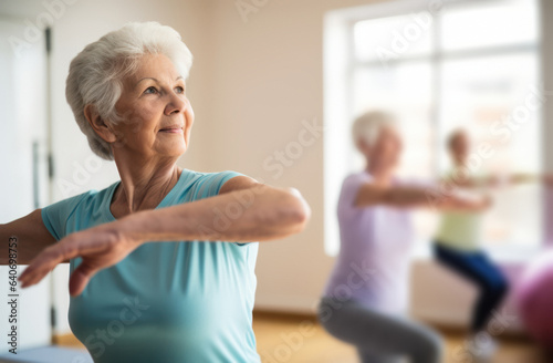 a group of active seniors exercise together indoors to improve their physical condition and well-being, and socialize with each other, active aging concept.