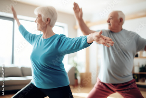 an active elderly couple exercise together indoors, keeping fit, active aging concept.