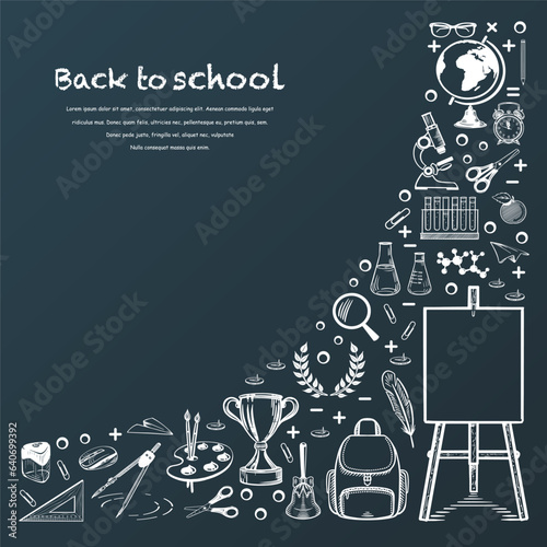 Banner back to school. Sketch style drawing with chalk on a blue board. School supplies, stationery. Corner composition with copy space. Hand drawn. Vector