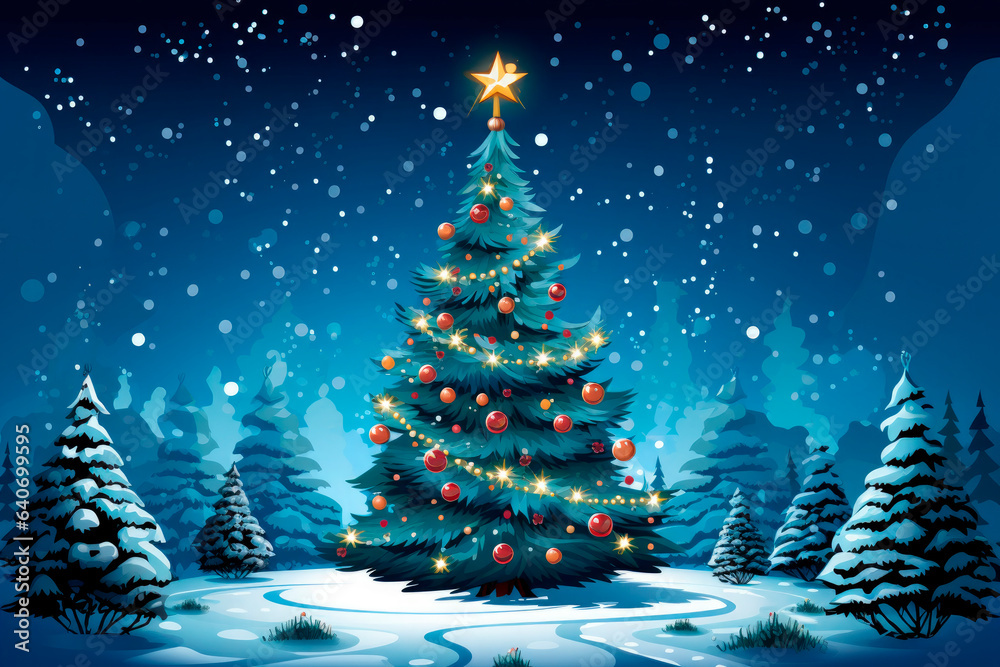 illustration of a christmas tree in the forest surrounded by snow at night