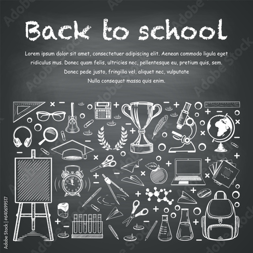 Banner back to school. Sketch stylized drawing with chalk on a black board. School supplies, stationery. Rectangular composition with copy space at the bottom. Drawn by hand. Vector