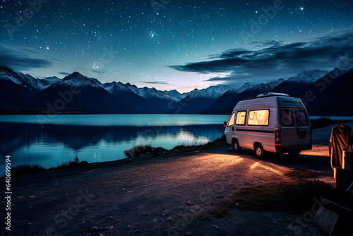 a camper van at nightfall near water lake