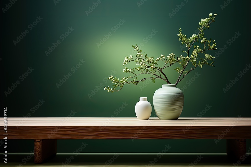 Ceramic vase and vase on wooden table with green background. Copy space. 
