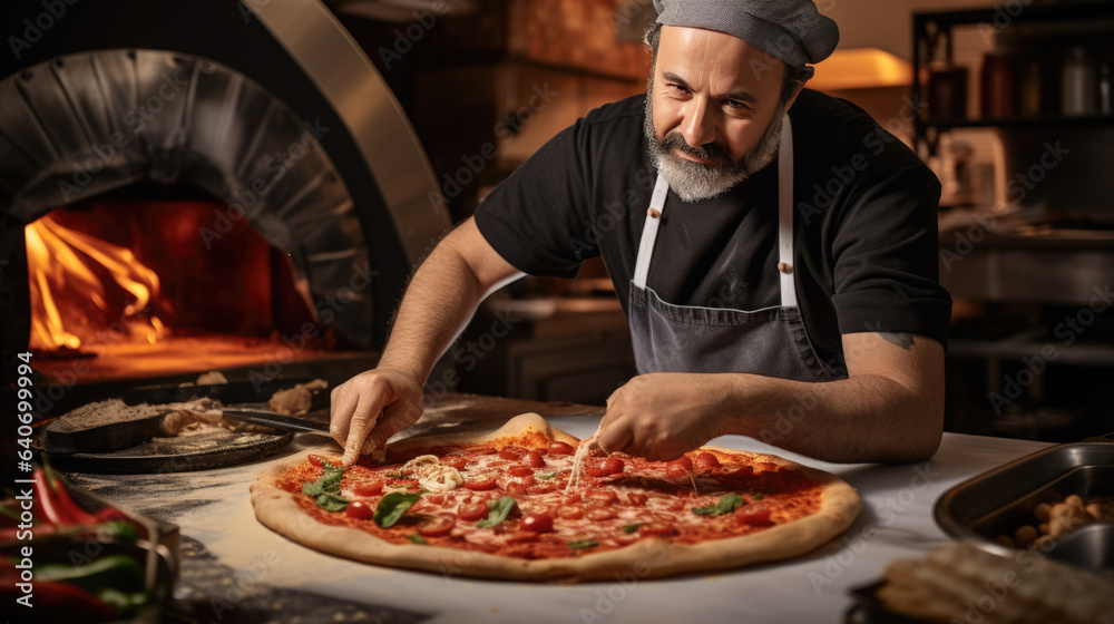 Chef cooks pizza in the oven. Chef cooks pizza in the oven.