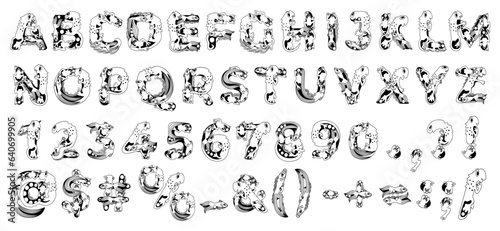 Cute childish set of latin letters, numbers and glyths with animals. Alphabet for kids. Little dragon, fish and frog inscribed to letters. Coloring for kids.