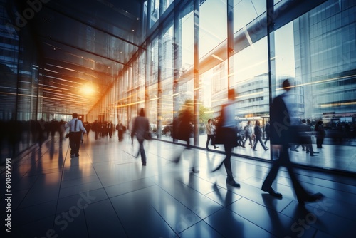 abstract motion blur image of business people crowd walking in city downtown. Cinematic color tone, Generative AI