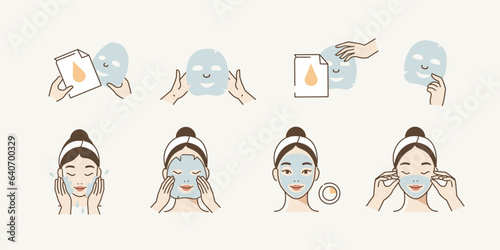 Skincare illustrations set. Collection of girl take care of her face and apply facial sheet mask. Woman making skincare procedures. Skin care hygiene and moisturizing routine. Vector illustration.