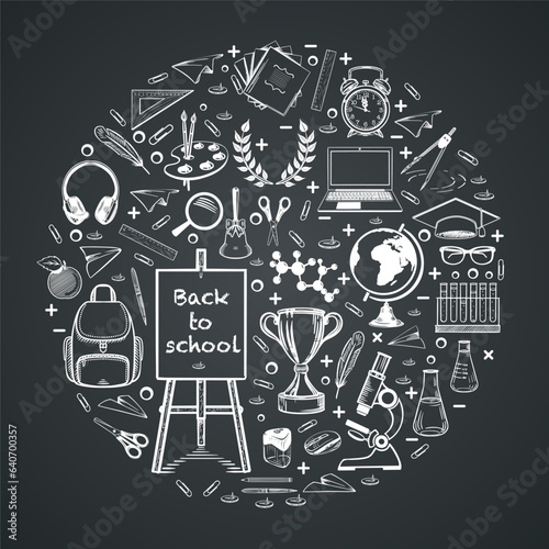 Banner back to school. Sketch stylized drawing with chalk on a black board. School supplies, stationery. In a circle composition. Drawn by hand. Vector