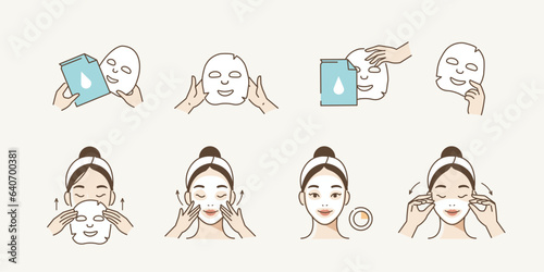 Skincare illustrations set. Collection of girl making facial care procedures and applying sheet mask on her face. Skin care routine, hygiene and moisturizing. Vector illustration.