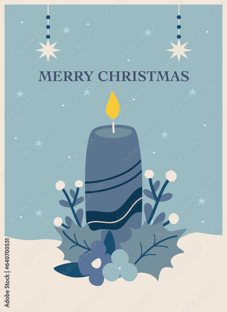 winter greeting card with a Christmas candle in blue tones with text winter greeting card with a Christmas candle in blue tones with text