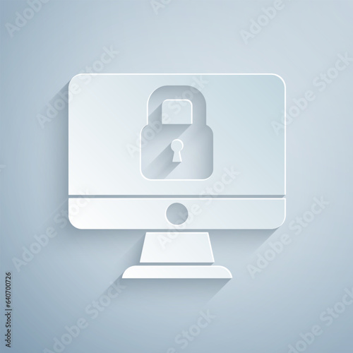 Paper cut Lock on computer monitor screen icon isolated on grey background. Security, safety, protection concept. Safe internetwork. Paper art style. Vector