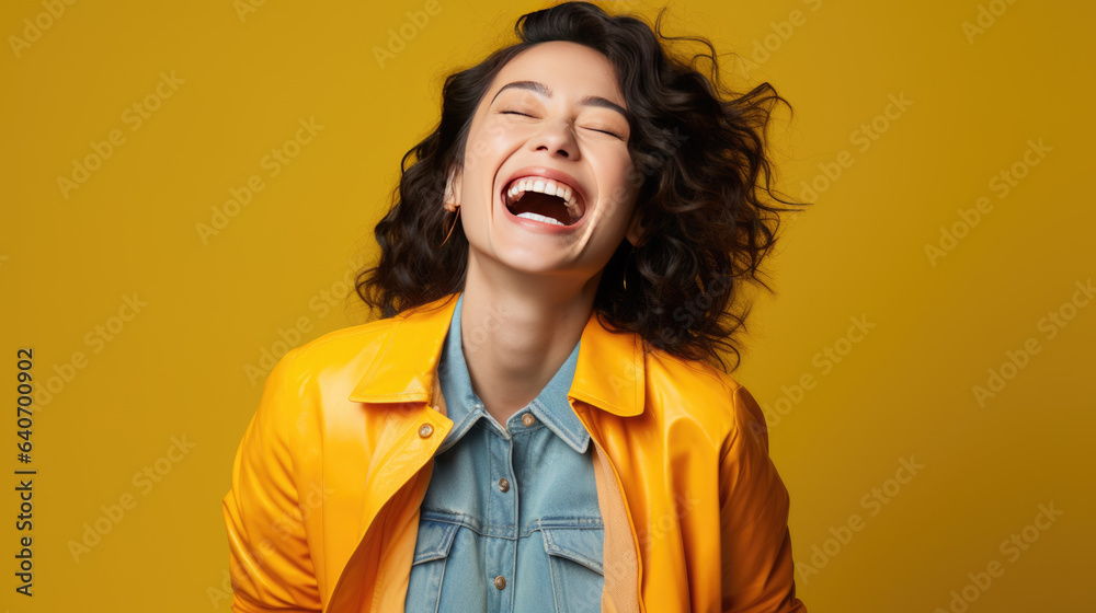 Young woman laughs against a yellow background. Young woman laughs against a yellow background.