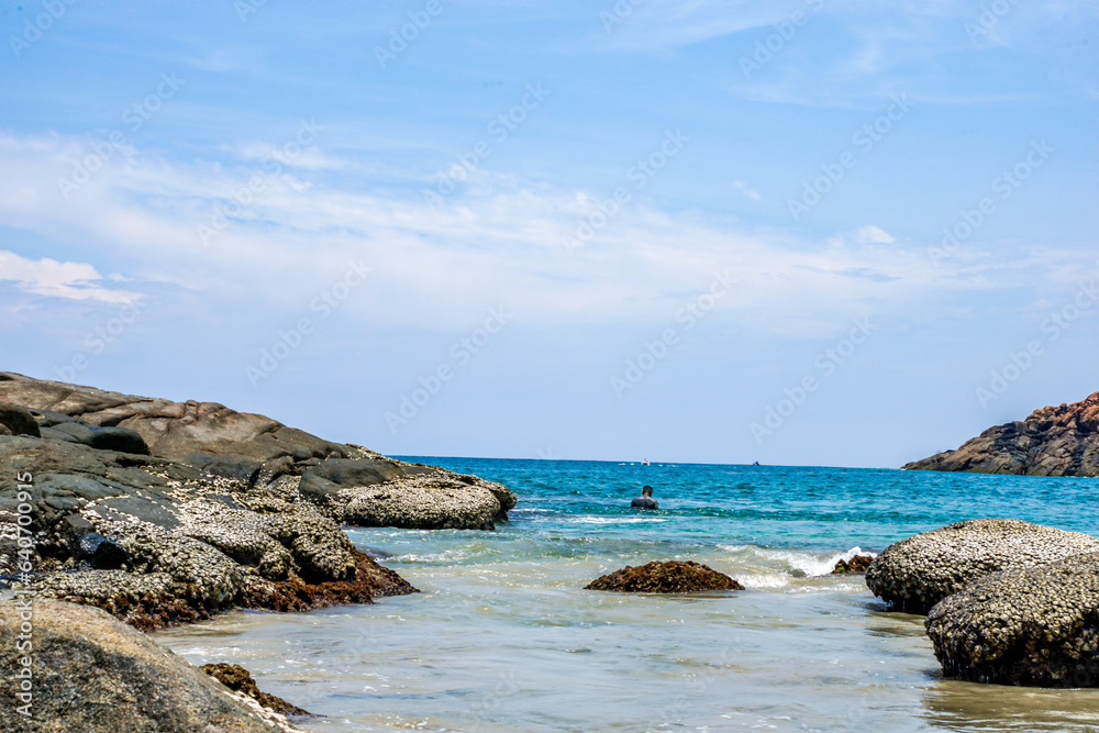 Beautiful Scenery of Sea in between the Rocks with sky and clouds in the background