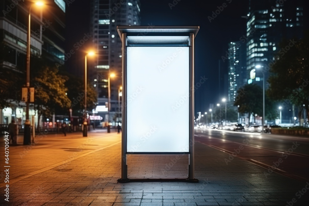 Town billboard, night and mockup space for marketing, blank advertising. Generative AI. Town billboard, night and mockup space for marketing, blank advertising. Generative AI.