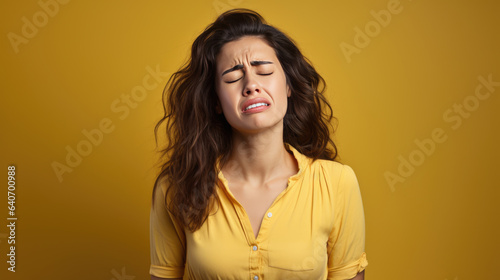 Depressed young woman crying on yellow background © MP Studio