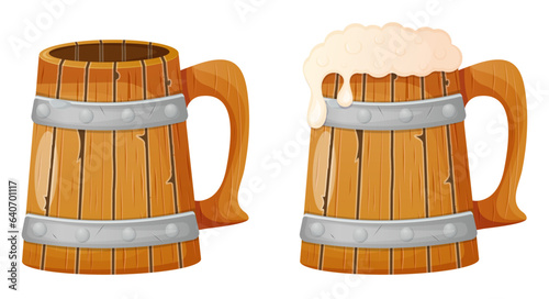 Full and empty beer old wooden mug