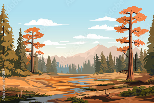 Beautiful forest and river against the background of mountains, blue sky and clouds. Amazing landscape of nature. Pines, sequoias, wild nature.