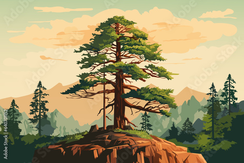 Beautiful coniferous tree growing on the edge of a cliff against a background of forest and mountains. Stunning wildlife landscape with sequoia trees.