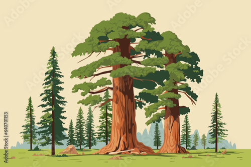 Beautiful coniferous forest. Large sequoias in the middle of a pine forest. Vector illustration for design.