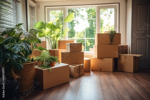 Move. Cardboard boxes and cleaning things for moving into a new home or apartment. Generative AI