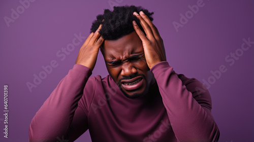 Depressed man with headache touch his head with his hands on purple background