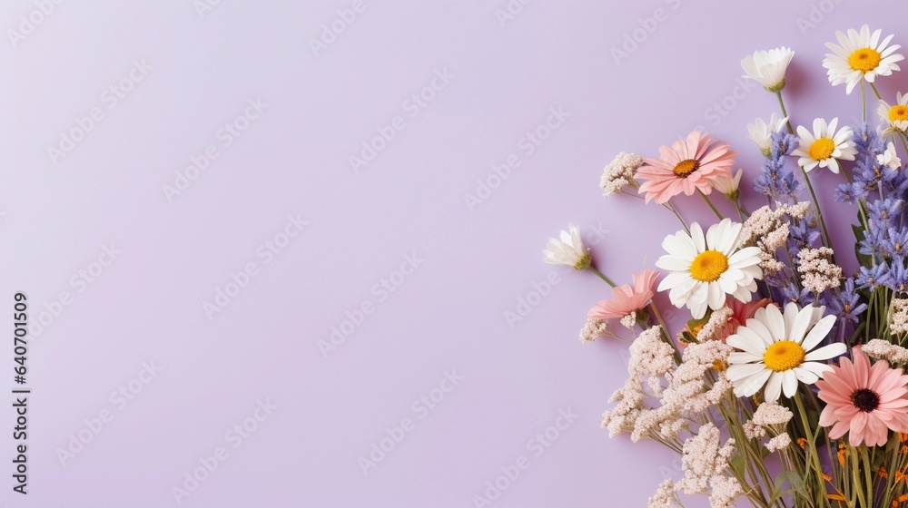 A fresh bouquet of wildflowers with a simple light purple pastel background and space for text, leaving ample space for your custom text. AI generated.