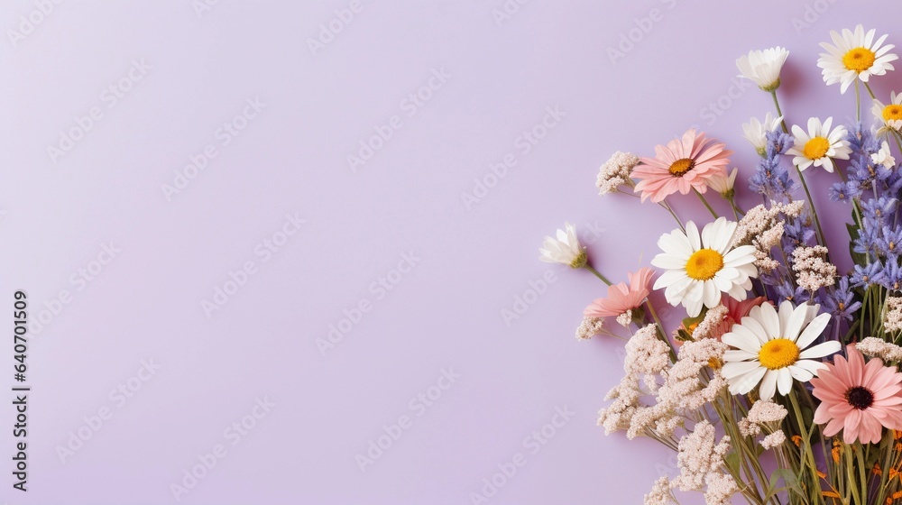 A fresh bouquet of wildflowers with a simple light purple pastel background and space for text, leaving ample space for your custom text. AI generated. A fresh bouquet of wildflowers with a simple light purple pastel background and space for text, leaving ample space for your custom text. AI generated.