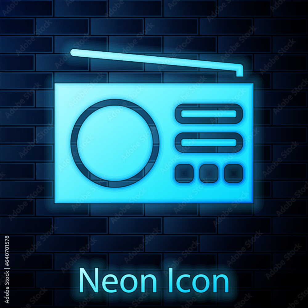 Glowing neon Radio with antenna icon isolated on brick wall background. Vector Glowing neon Radio with antenna icon isolated on brick wall background. Vector