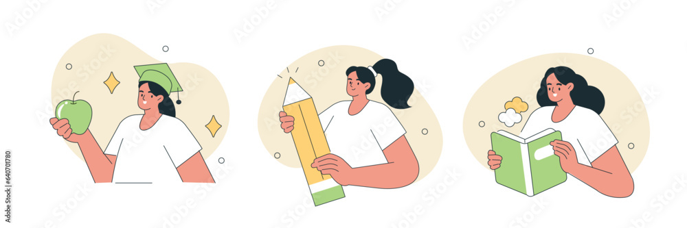 Education concept illustrations set. Collections of girl characters studying with educational books and successfully graduated from school or university. Vector illustration.