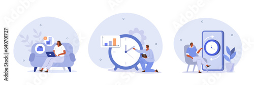 Flexible and hybrid working hours concept illustrations set. Collections of characters working on part and full time job positions or freelance at home. Vector illustration.