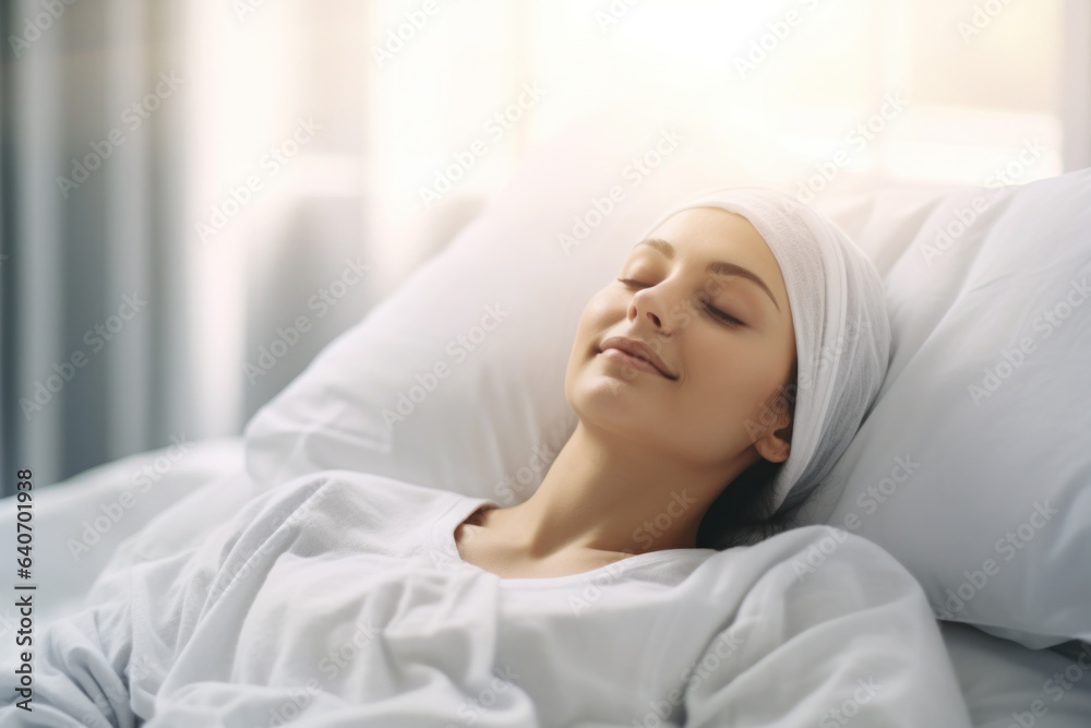 Cancer patient resting on bed In Hospital,woman with a headscarf and eyes closed at morning time she is battling Cancer Cancer patient resting on bed In Hospital,woman with a headscarf and eyes closed at morning time she is battling Cancer