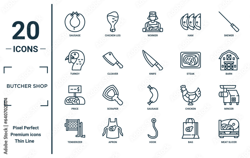 Vetor de butcher shop linear icon set. includes thin line sausage ...