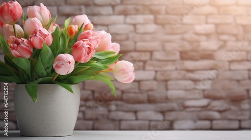 A lush bouquet of peonies and tulips placed in a vintage-style ceramic vase with large space for text, set against a textured brick wall. AI generated.