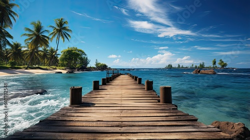 Wooden pier to an island and beautiful beach, blue sky and tropical landscape background, concept for summer travel and vacation. © Tirtonirmolo