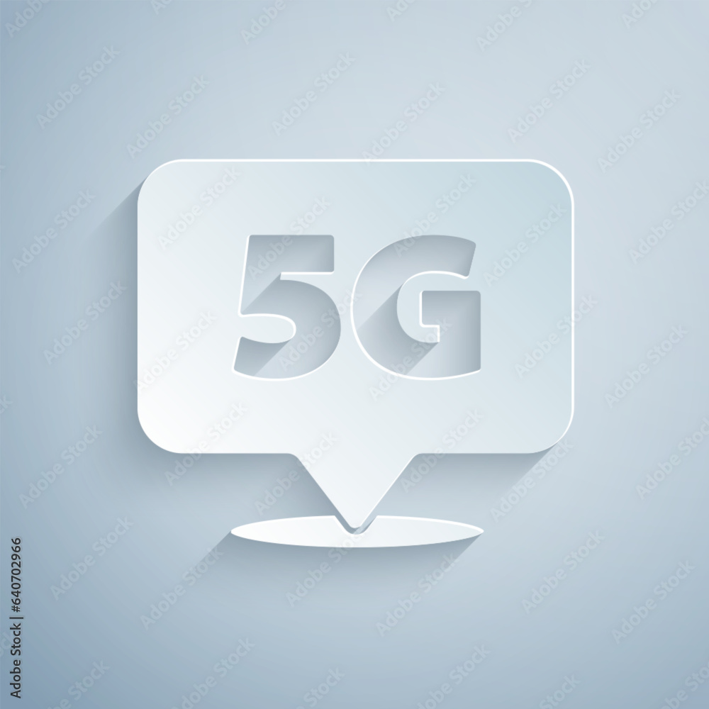 Paper cut Location 5G new wireless internet wifi connection icon isolated on grey background. Global network high speed connection data rate technology. Paper art style. Vector Paper cut Location 5G new wireless internet wifi connection icon isolated on grey background. Global network high speed connection data rate technology. Paper art style. Vector