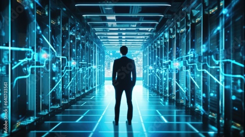 Back view of young man standing in server room with blue lights