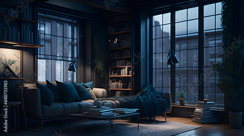 A dark cozy interior background for a loftstyle living room