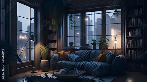 A dark cozy interior background for a loftstyle living room