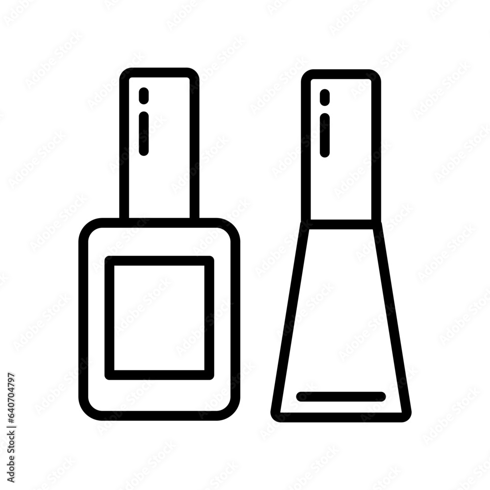 Vector illustration with manicure. Nail polishes black line icon. Cosmetic product for manicure and pedicure. Nail service. Beauty industry. Pictogram for web page, promo. UI, UX, GUI design element. Vector illustration with manicure. Nail polishes black line icon. Cosmetic product for manicure and pedicure. Nail service. Beauty industry. Pictogram for web page, promo. UI, UX, GUI design element.