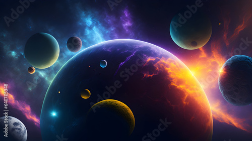 A Wallpaper/Background featuring technicolour solar system, with planets and stars twinkling in the night sky.