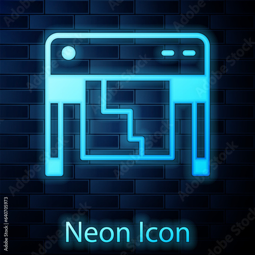 Glowing neon Plotter icon isolated on brick wall background. Large format multifunction printer. Polygraphy, printshop service. Vector