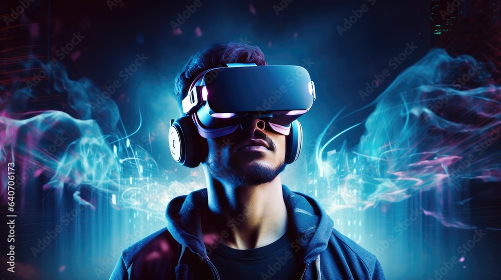 Portrait of young man wearing virtual reality headset against futuristic background