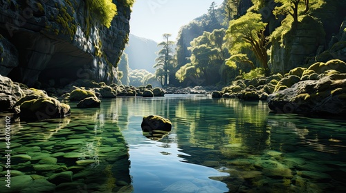 Beautiful fantasy landscape with river and rocks. 3d rendering. 