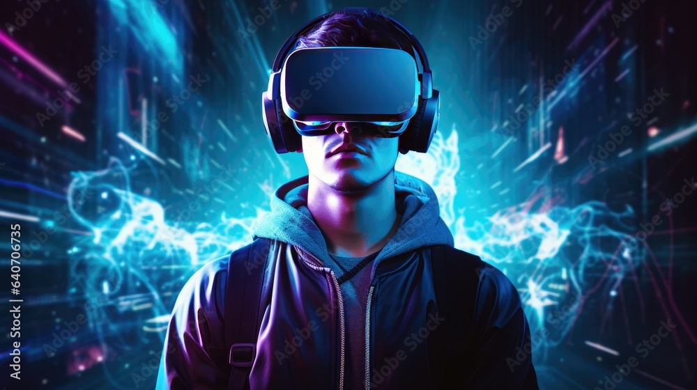 Portrait of young man wearing virtual reality headset against futuristic background Portrait of young man wearing virtual reality headset against futuristic background