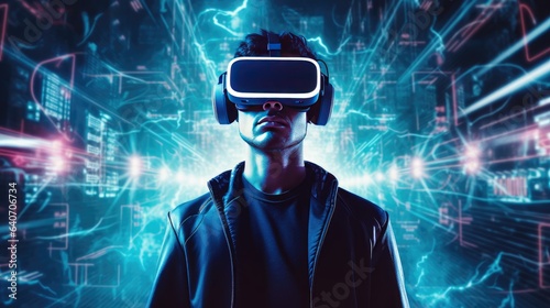 Portrait of young man wearing virtual reality headset against futuristic background