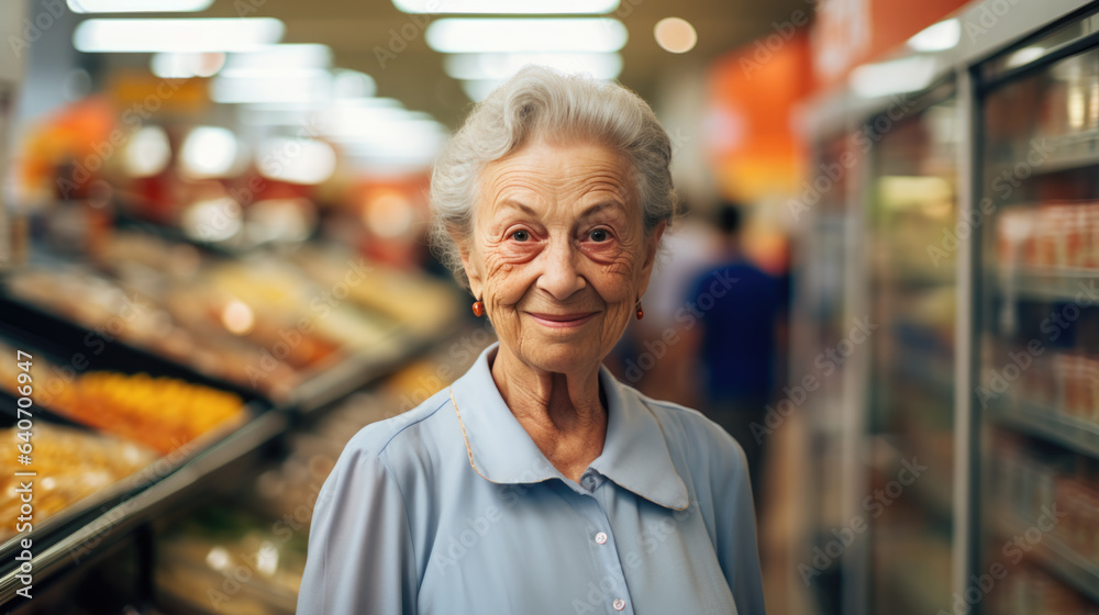 Senior woman standing in a supermarket on a blurred background